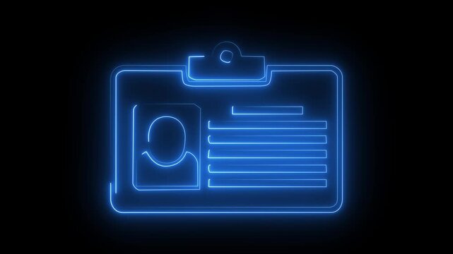 Glowing blue neon identity card icon id badge employee pass symbol dark background.