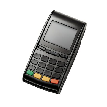 A black handheld payment terminal with a screen and keypad is shown against a white background
