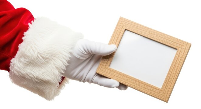 Santa Claus Hand Holding Empty Wooden Picture Frame For Christmas Design