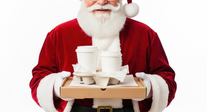 Santa Claus Serving Coffee Cups On Tray For Christmas Holiday Celebration