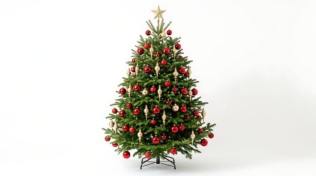 Beautiful christmas tree decorated with red and gold ornaments isolated on white background
