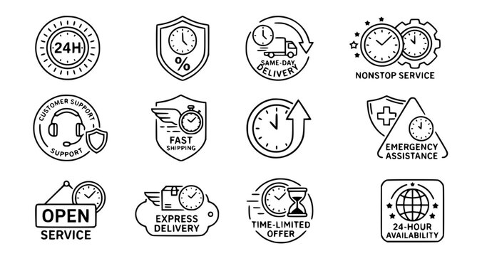 Fast delivery 24 hour support and service line icon collection
