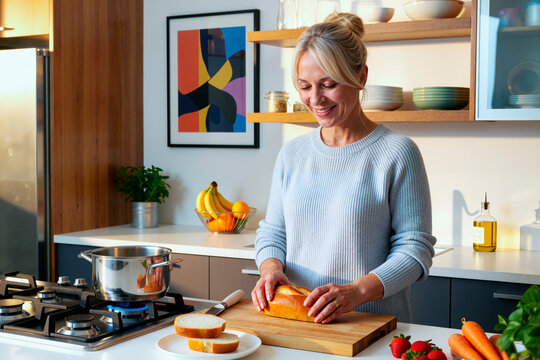 Middle aged Caucasian woman slicing bread in home kitchen, preparing meal and healthy routine. Useful for food blog, home cooking, nutrition, lifestyle marketing campaigns