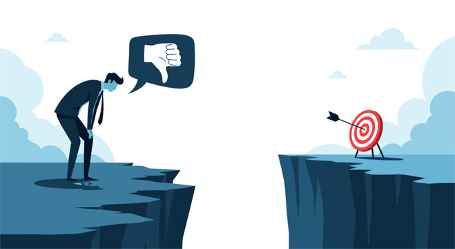 Depressed businessman looking down a deep cliff with dislike sign while a target stands unreachable on the other side.