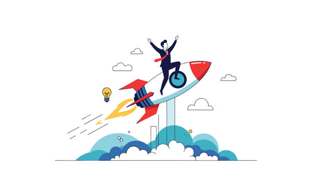 Confident businessman riding a fast space rocket through the sky under a bright lightbulb representing startup ideas.