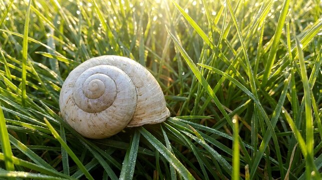 Detailed close up of an empty spiral mollusk shell on vibrant lawn grass illuminated by morning sun rays snail shell grass green sunlight background macro nature spring garden detail translucent