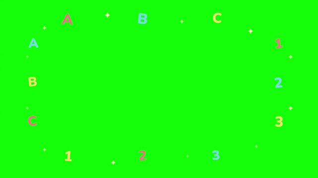 Alphabet and numbers arranged in circular patterns on a bright green screen background