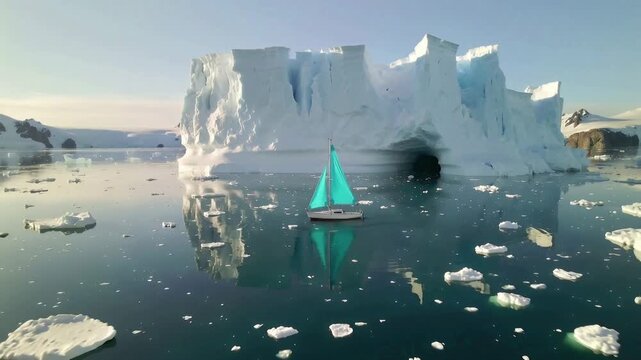 Sailing through icebergs in Greenland waters with a blue sailboat and large ice formations