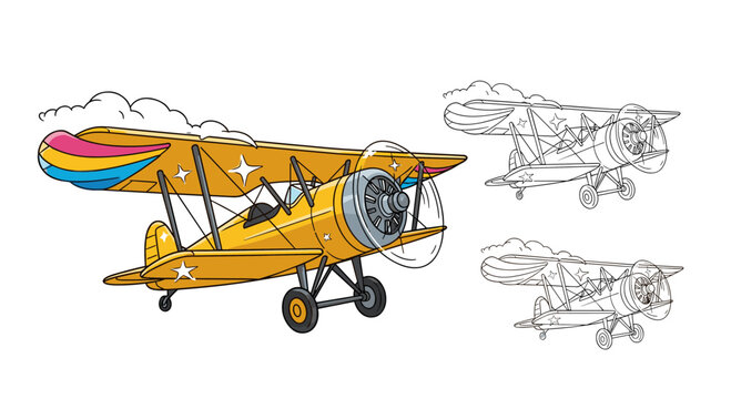 Bright yellow vintage biplane with colorful rainbow wings shown next to black and white line art outlines for coloring.