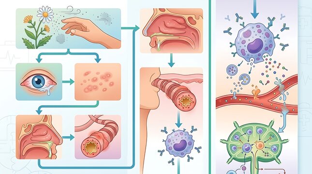 Medical infographic of allergic reaction process in the human body