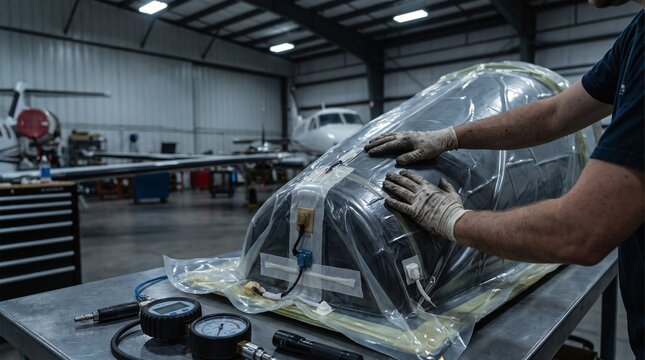 Professional Aircraft Technician Inspecting Composite Component Wrapped in Plastic in Aviation Hangar