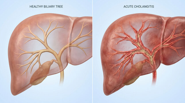 3D Medical Illustration of Healthy Biliary Tree and Acute Cholangitis