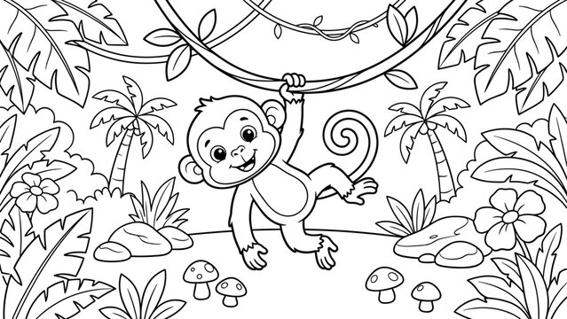 Baby monkey outline drawing hanging on liana in jungle for children coloring book activity