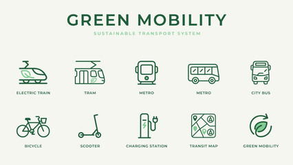 Fototapeta premium Clean forest green public transport vector icon set – Perfect for sustainable transit marketing, eco transport guides, or green technology presentations.