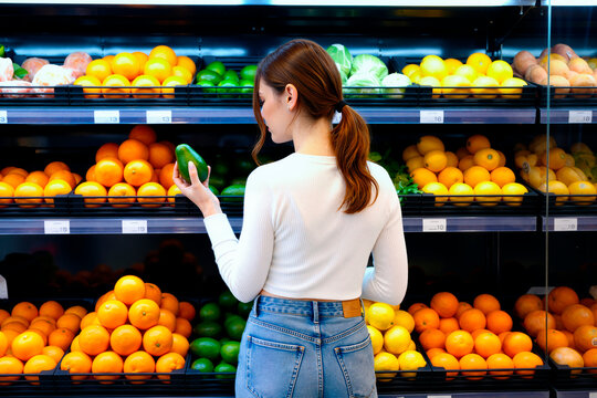Young adult Caucasian woman selecting avocado in supermarket produce aisle, comparing fresh fruit choices and healthy grocery shopping. Ideal for nutrition, retail, consumer behavior marketing