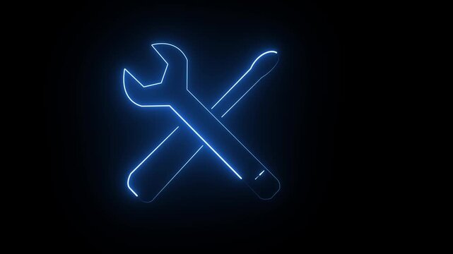 Blue neon wrench and screwdriver crossed icon