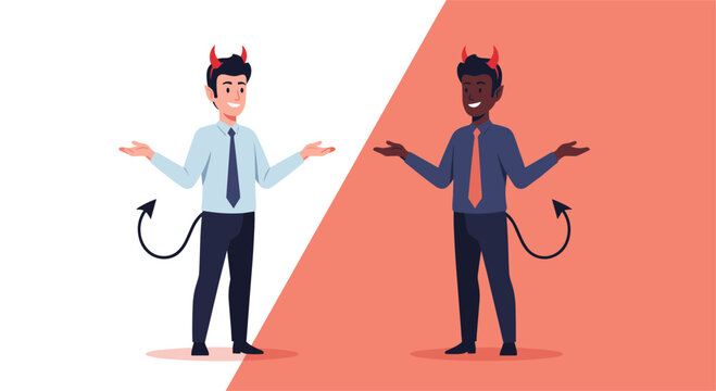 Two cartoon characters dressed as devils with horns and tails shrug, illustrating temptation and moral choices.