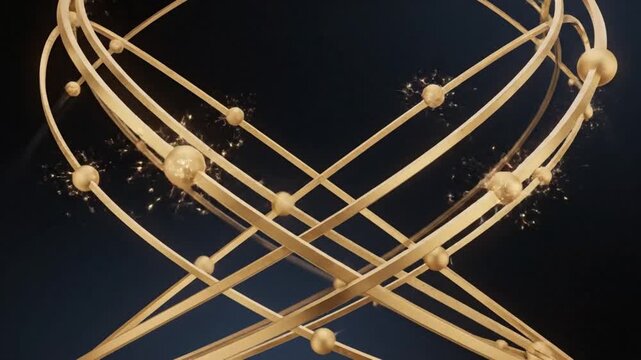 Golden metal abstract geometric sculpture with intersecting loops and spheres
