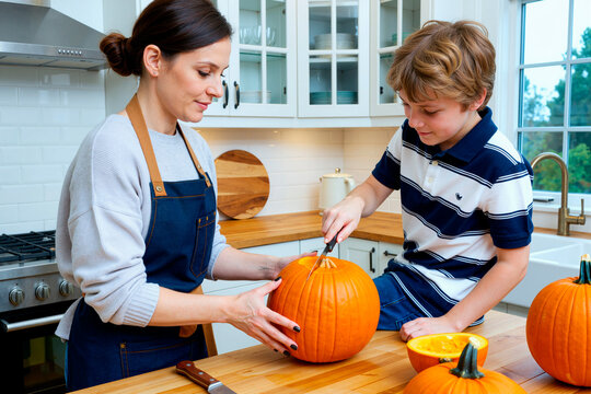Caucasian mother and child carving pumpkin together in kitchen, preparing seasonal family activity and holiday tradition. Ideal for parenting, autumn lifestyle, home celebration marketing