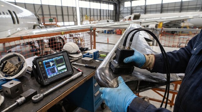 Aviation technician performing ultrasonic nondestructive testing on an aircraft wing component within a maintenance hangar facility