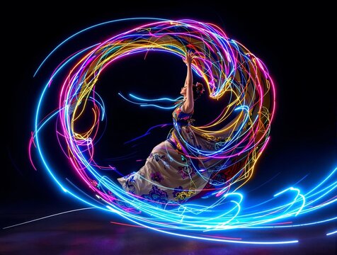 Female dancer performing dynamic light painting motion on dark