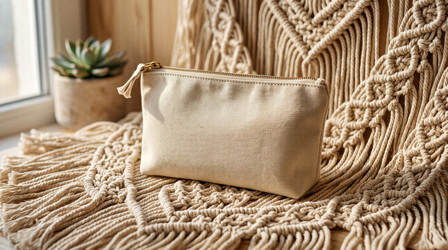 Blank Beige Canvas Zipper Pouch Mockup on Boho Macrame Background