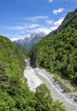 Dogna river and Jof di Montasio mountain peak, Julian Alps, Dogna, Eisental, Friuli-Venezia Giulia, ItalyDogna river and Jof di Montasio mountain peak, Julian Alps, Dogna, Eisental, Friuli-Venezia Giulia, Italy