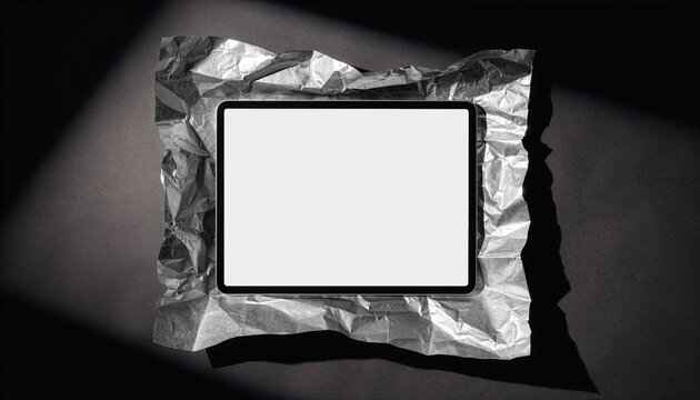 Digital tablet mockup with blank white screen on crumpled silver foil paper