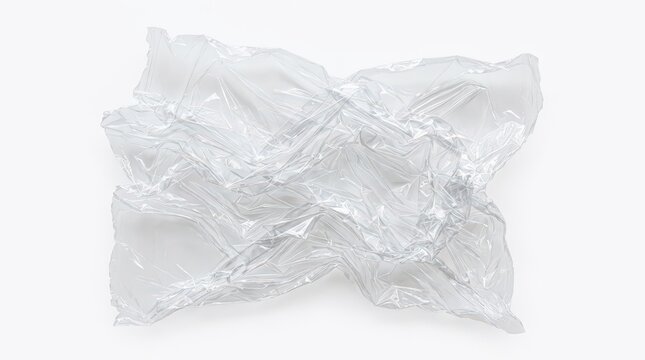 Crumpled transparent plastic wrap texture, wrinkled polyethylene film on white background, clear cling wrap overlay for packaging design