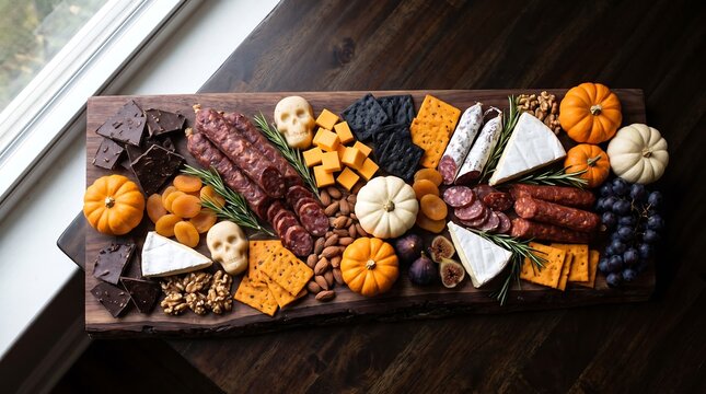 Halloween charcuterie board with cheese and pumpkins