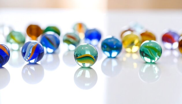 Colorful Glass Marbles Scattered on a White Reflective Surface