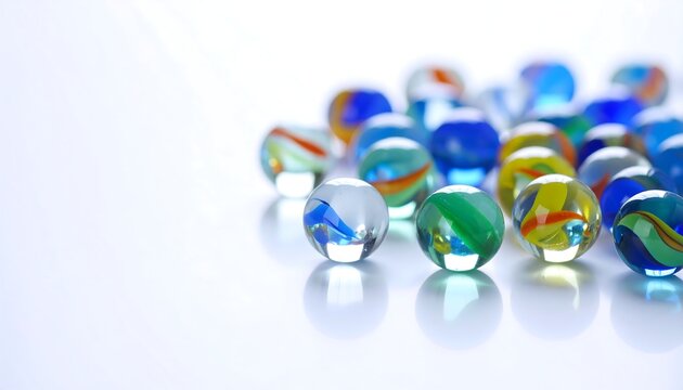 Group of colorful glass marbles reflecting light