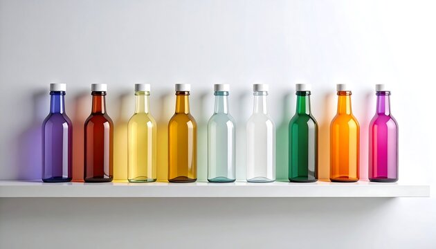Row of colorful glass bottles lined up on a shelf