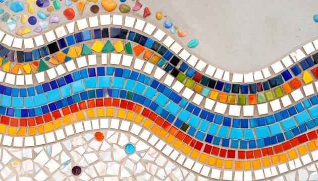 Colorful mosaic design with wave pattern featuring various geometric shapes