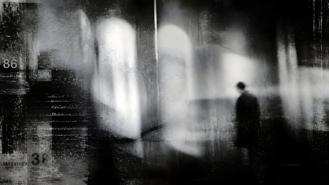 Surreal abstract urban street scene in black and white with mysterious figure and blurry lights abstract atmosphere cinematic dramatic