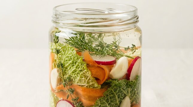 Glass jar with fermented vegetables, radishes, carrots and herbs for healthy probiotic food. Vegetable fermentation guide