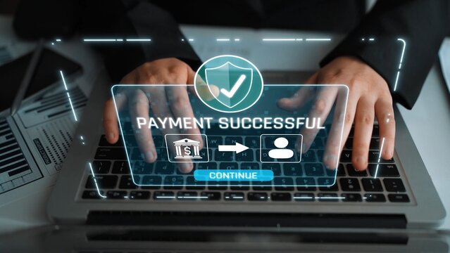 Successful transaction message showing secure payment. Payment confirmed, secured, payment processed, and payment completed with trust and transaction integrity. Marrow