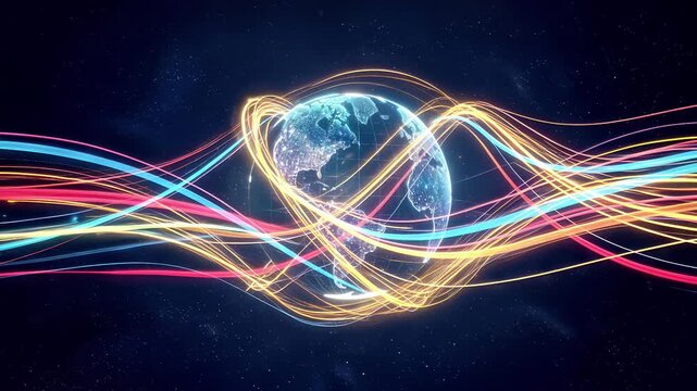 Digital planet earth surrounded by glowing data streams in deep space. Conceptual visualization of global connectivity and telecommunications. Panning camera movement.