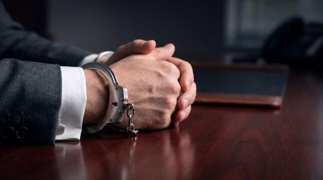 White-collar crime concept showing hands of a corporate businessman in a suit wearing steel handcuffs at a boardroom desk
