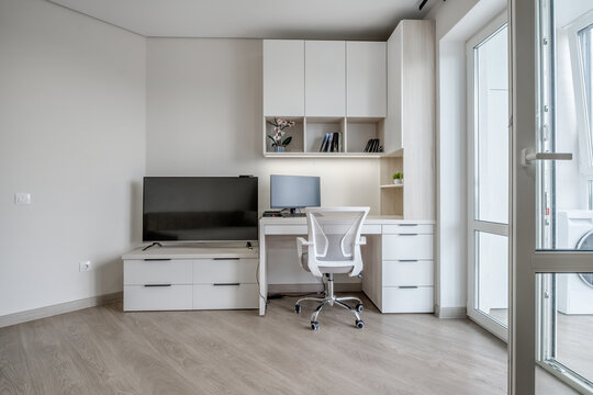 Interior of the modern luxure room and  work area  in studio apartments in minimalistic style