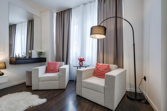 Interior of the modern luxure room and  work area  in studio apartments in minimalistic style