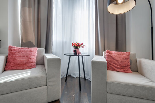 Interior of the modern luxure room and  work area  in studio apartments in minimalistic style