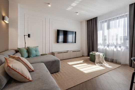 Interior of the modern luxure room and  work area  in studio apartments in minimalistic style