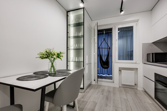 Interior of the modern luxure room and  work area  in studio apartments in minimalistic style