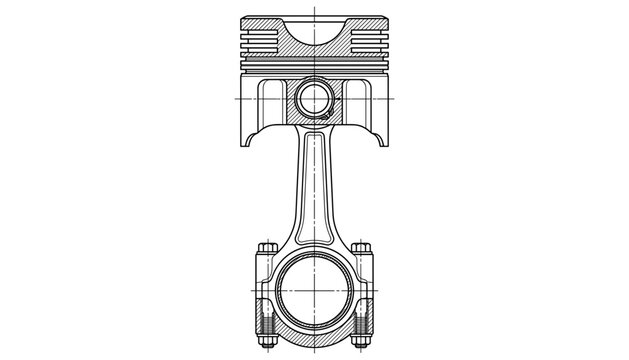 Car engine piston with connecting rod vector blueprint illustration technical drawing outline schematic on white.