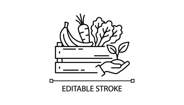 Fresh organic vegetables wooden crate box agriculture harvest line icon outline editable stroke vector illustration