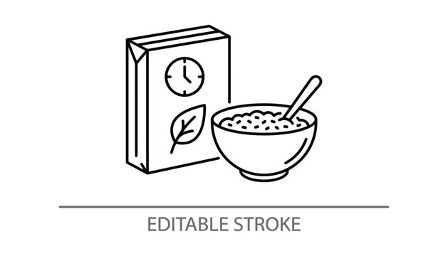 Healthy breakfast cereal box and oatmeal bowl line icon organic morning meal editable stroke vector