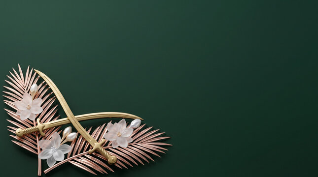 Ornate golden scimitars with delicate flowers on rose gold palm leaves against a deep green background