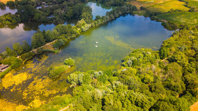 Aerial view of Langford Lakes Nature Reserve featuring interconnected freshwater lakes, lush green woodland, and wetland habitats in the rural countryside of Salisbury, Wiltshire, United Kingdom.
