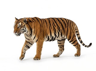 Obraz premium A magnificent black-striped tiger is seen strolling on a white backdrop.